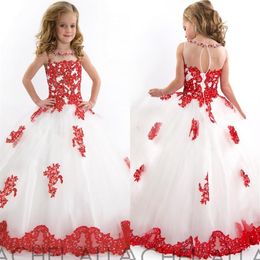 2019 Vente Blanc et Rouge Fleur Filles Robes Bijou Cou Etage Longueur Dentelle Appliqued Filles Pageant Robes Enfants Mariage Dre263g