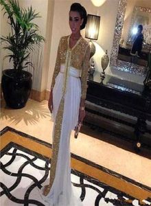 2019 robes de soirée en mousseline de soie paillettes caftan robes de soirée formelles Abaya à Dubaï avec train blanc robe caftan robe de bal marocaine1800631