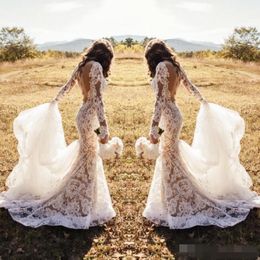 2019 robes de mariée sirène dos nu sexy en dentelle à manches longues avec surjupe balayage train plus la taille jardin pays mariage robe de mariée