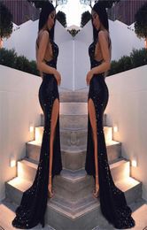 2019 Sexy Backless Sequin Prom Robes Spaghetti Criss Cross Stracts Sirène Longues robes de soirée Side Slit Party Vesitdo8330323