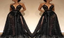 2019 Robes de soirée formelle noire sexy riposte de lacet de profondeur Ve V couche de lace