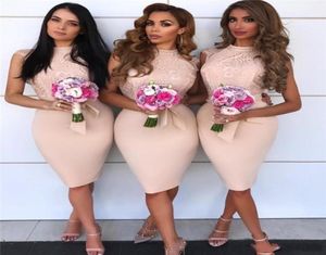 2019 Sexy blush roze zeemeermin bruidsmeisje jurken korte satijnen kanten appliques knie lengte mouwloze bruiloft gastmeisje van hon6314381