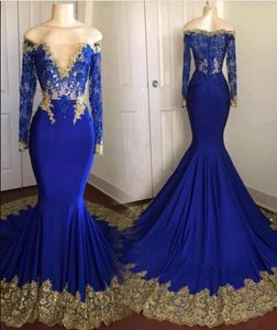 2019 Sexy Goedkope Royal Blue Prom Jurken Strapless Gold Applicaties Mermaid Lange Mouwen Kant Vestidos de Fiesta Lange Mouwen Avondjurken