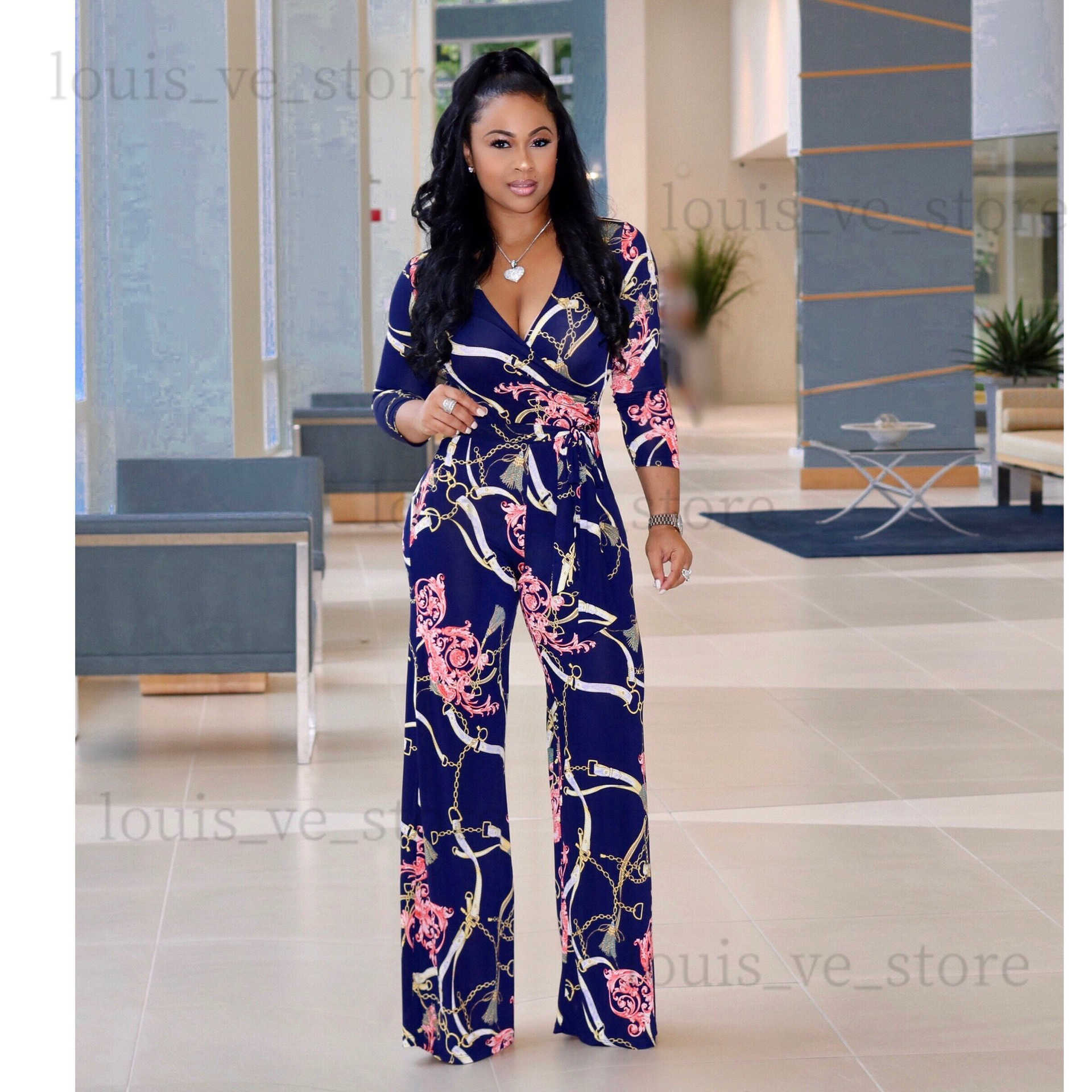 2019 sexy deep V-neck personality irregular ruffled jumpsuit fashion print straps jumpsuit (including belt) 9144 T230808