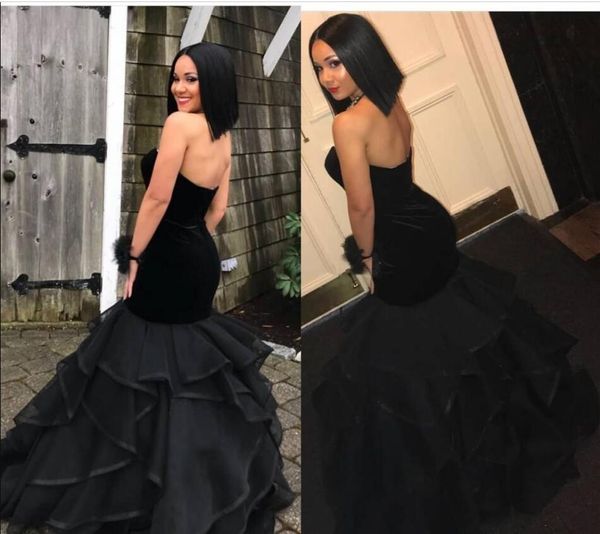 2019 elegante elegante terciopelo negro vestidos de baile cariño sin mangas sirena con gradas de organza hasta el suelo vestido de fiesta formal vestidos de noche desgaste