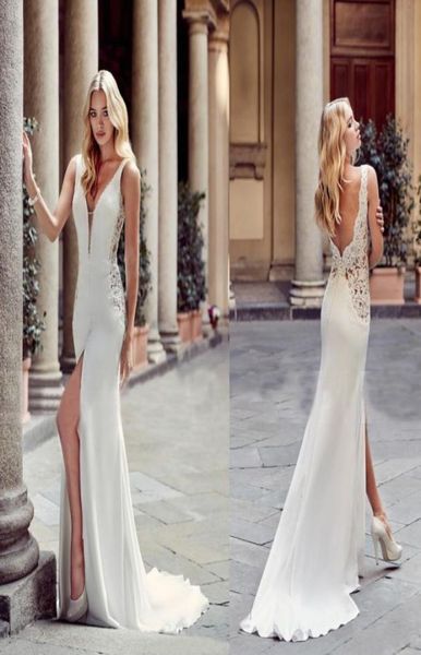 2019 Robes de mariée de gaine de mode grecque 2019 Deep V Neck Front Split Backless Bridal Bridal Bride Beach Party Wear9089729