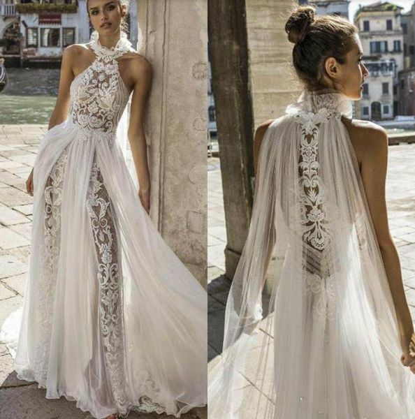 2019 Sexy licou une ligne robes de mariée avec enveloppe illusion appliques en dentelle de plage robes de mariée