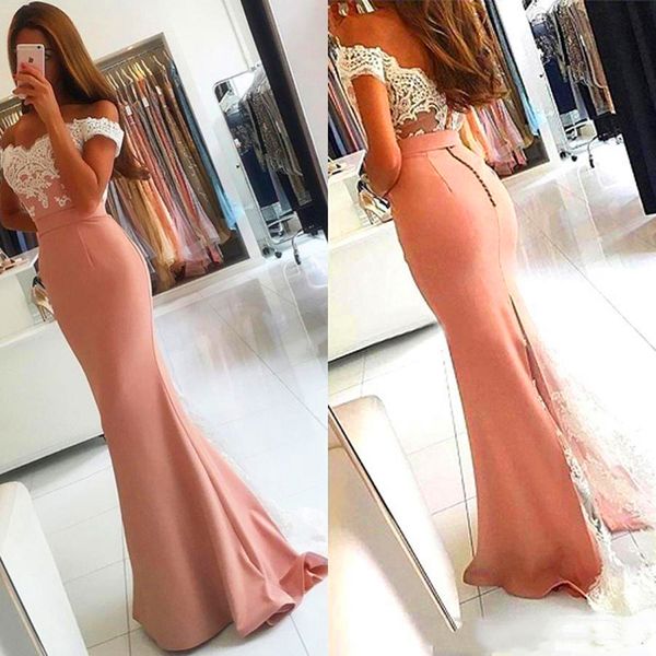 2020 Sexy dentelle femmes Prom Party Off épaule formelle Dusty Rose Sirène Robes de soirée Vêtement longue Arabie Saoudite pas cher robe de demoiselle d'honneur