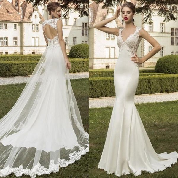 2019 robes de mariée sexy sirène pas cher dos ouvert train détachable dentelle ivoire et jupes en tulle robe de mariée de plage vêtements de mariée