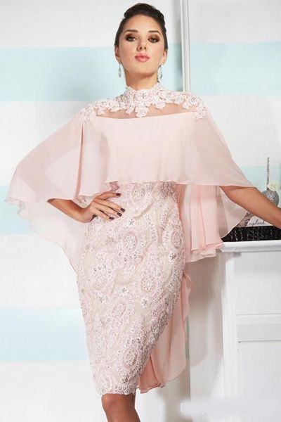 Sexy mère hors robes de mariée col haut en mousseline de soie rose dentelle appliques perlées avec Cape personnalisé pure dos mariage grande taille robe de mères