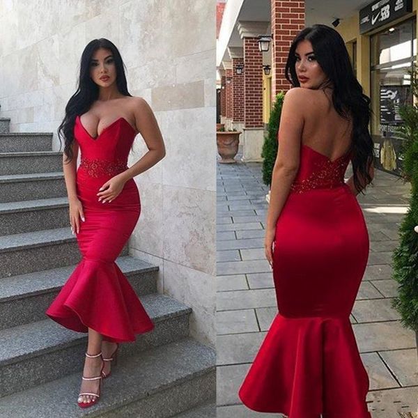 Modos de alta calidad superior Vestidos de fiesta de sirena rojos atractivos Vestidos de fiesta de longitud de té de novia Vestido de cóctel formal Abendkleider para niñas Vestidos por encargo