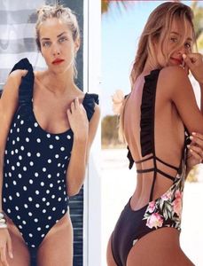 2019 Sexy One Piece zwempak RUFF BADINGPakken Solide badkleding Backless vrouwelijk Bodysuit Beach Wear Retro Woman Bikinis19616331623825