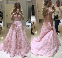 2019 Sexy Pink Press Dress Dress Vestir de encaje de Cuello V Beads sin mangas de barrido de espalda abierta Vestido de fiesta de fiesta personalizado
