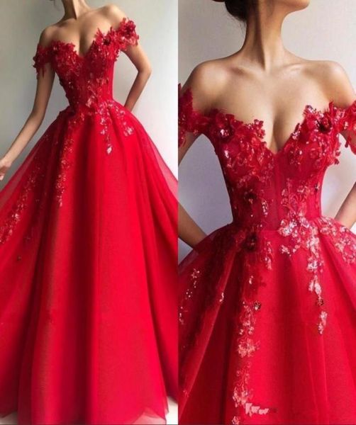 2019 Sexy Rouge Une Ligne Quinceanera Robes Hors Épaule Dentelle 3D Appliques Paillettes Dos Ouvert Doux 16 Fête Plus La Taille De Soirée De Bal Go7532787