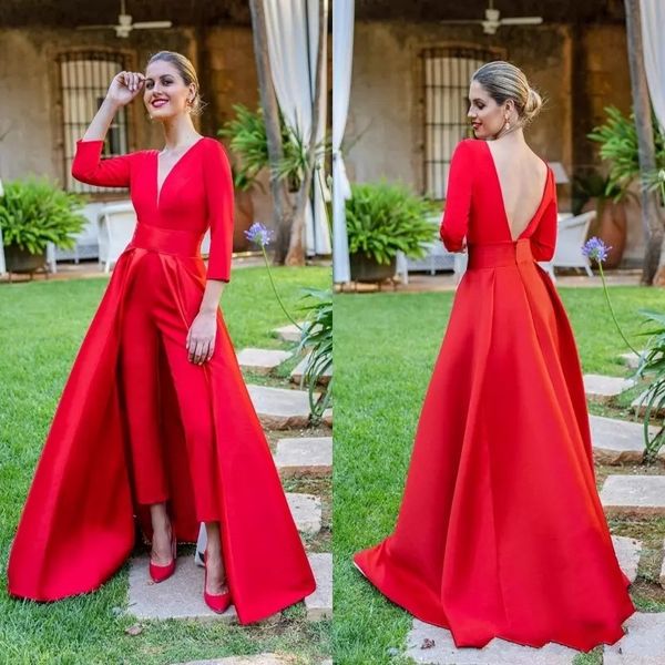 2022 Monos rojos modestos Vestidos de baile 3/4 Manga larga Cuello en V Vestidos de fiesta de noche formales Pantalones baratos para ocasiones especiales BC1821 B0606G5