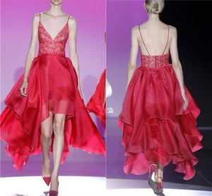 Sexy Red V Neck High Low Prom Dress Spaghetti Riets Lace Wastless Organza Ruffles Formele avondfeestjurken Vestidos de Fiesta