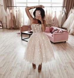 2019 sexy spaghetti shinning star ALine Prom Dresses tulle sequined elegant evening formal gowns tea length custom made ogstuff5454588