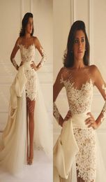 2019 Robes de mariée de plage d'été sexy gaine train détachable train à manches longues à manches transpliques transpliques en dentelle Yasmine Yeya Bridal Cust4266261