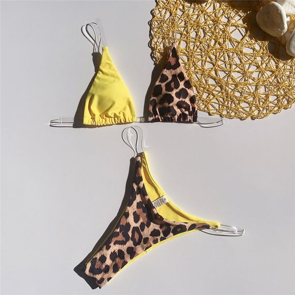 2019 Sexy String Jaune Imprimé Léopard Splice Bikini Ensemble Maillots De Bain Femmes Plage Biquinis Transparent Micro bikinis Push Up Maillot De BainX0523