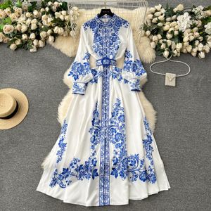 Robes décontractées Nouvelle mode piste rouge et blanc robe en porcelaine femme stand longue lanterne manches bleu imprimé floral chemise robe robes 2024