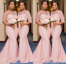 2019 Sheer Lace Neck Blush Pink African Mermaid Nigerian Drense Dama de honor con manga Plus Tamaño de honor Vestido de invitado de boda 8631255