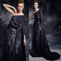 2019 robes de soirée pailletées brillantes une épaule gaine sexy robes de bal noires longueur de plancher robe de soirée formelle