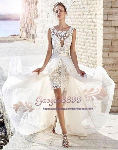 2019 robes de mariée fourreau en dentelle courte deux pièces avec train détachable vintage bohème jardin plage robes de mariée pas cher vestid7375847