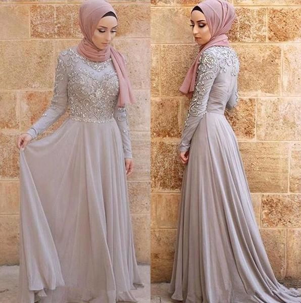 2019 Vestidos de noche gris plateado Hijab Árabe Dubai Vintage Manga larga Cuello alto Ocasión formal Vestidos de fiesta Vestido de fiesta con apliques BC1714