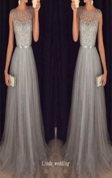 Robe de bal gris argenté 2019 sexy personnalisé une ligne longue robe de fête en perle en tulle plus taille1311071