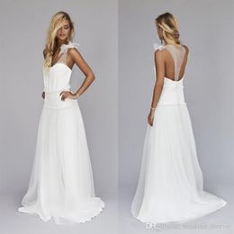 2019 Eenvoudige Strand Trouwjurken Sheer nek Custom Made Dropped Taille Backless Lange A-lijn Bohemian Bruidsjurken Custom Size228D