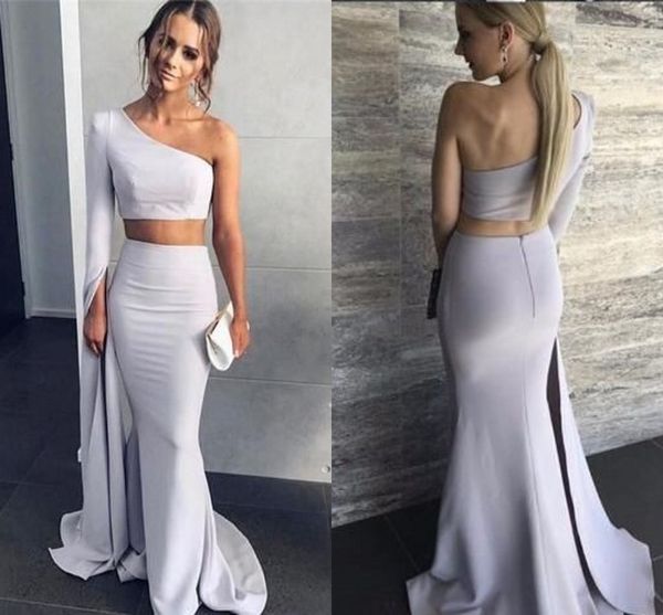 2019 Vestidos sencillos de un hombro para ocasiones especiales con mangas Dos piezas con espalda abierta Vestidos de baile Vestidos de noche largos y baratos por encargo