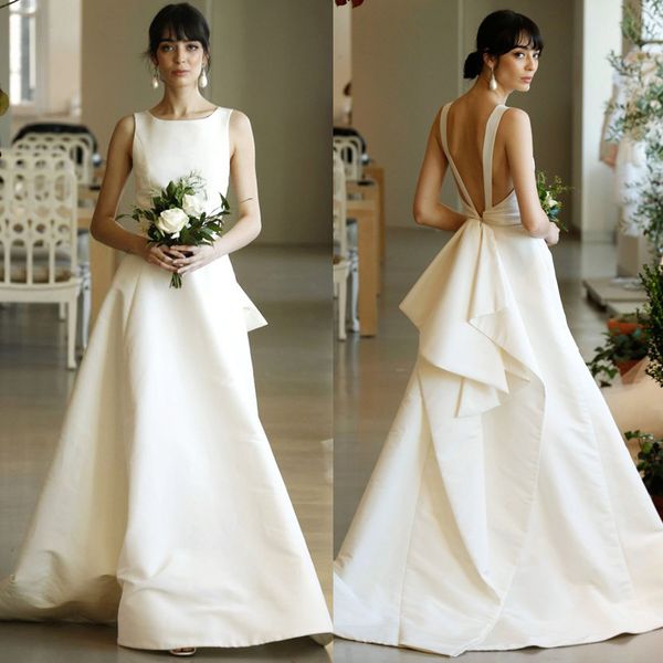 2022 Vestido de novia de satén de seda simple con pliegues sin espalda Una línea de princesa Tallas grandes Vestidos de novia de marfil blanco Vestidos de novia por encargo