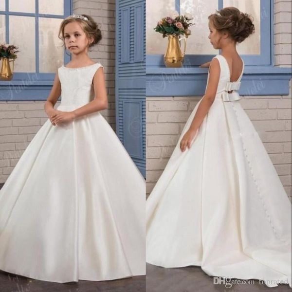 Simple blanco marfil satén princesa flor niña vestidos espalda descubierta con lazo faja niños ropa Formal vestidos fiesta de cumpleaños desfile vestido