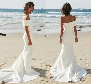 2019 eenvoudige witte satijn strand trouwjurken zeemeermin off shoulder bruidsjurken gewaden de novia festa bruids jurk zomer goedkoop