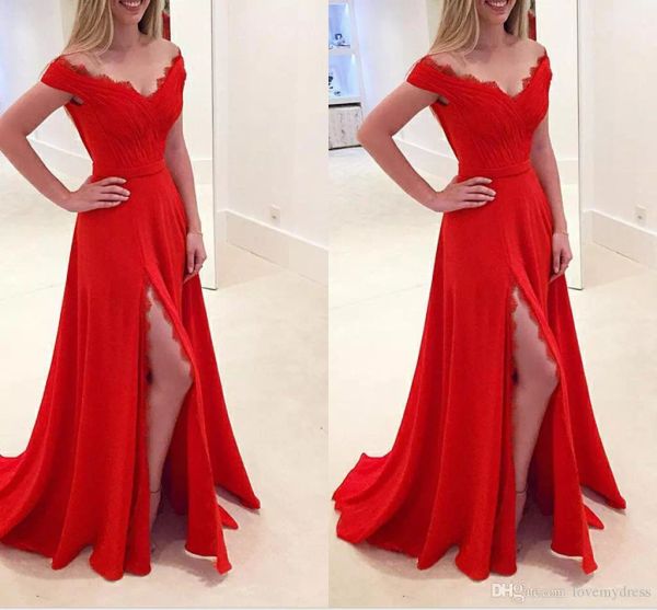 2019 Tamaño Dividir fuera del hombro Vestidos de baile Encaje Plisados de salvia Vestido de fiesta de gasa drapeado Vestidos formales rojos Vestidos de noche de moda de pasarela