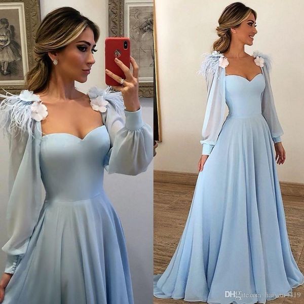 Nouveau bleu ciel une ligne mère de la mariée robes chérie poète manches longues en mousseline de soie fleurs gland robes de soirée porter robe d'invité de mariage