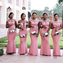 2019 Zuid-Afrikaanse zeemeermin bruidsmeisje jurken plus size roze pure nek kant geappliceerd avondjurken Maid of Honor Dress