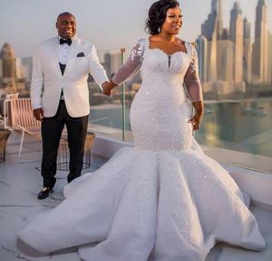 2019 Vestidos de novia de sirena sudafricanos Apliques de encaje Tallas grandes Mangas largas transparentes Vestidos de novia Tren de barrido de satén Vestidos de boda