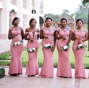 2021 Zuid-Afrikaanse Nigeria Roze Lange Mermaid Bruidsmeisjes Jurken Plus Size Sheer Hals Kant Applicaties Vloerlengte Bruiloft Gastjurk