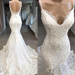 2019 robes de mariée sirène spaghetti avec des appliques de dentelle délicate dos ouvert robes de mariée de plage, plus la taille robes de mari￩e sur mesure