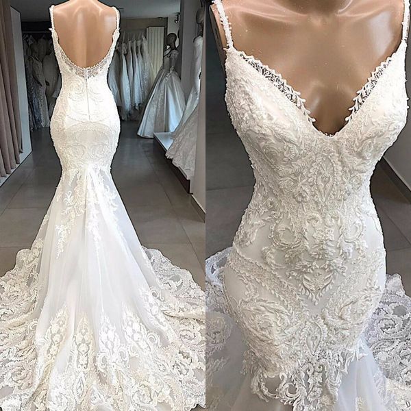 Vestidos de novia de sirena espagueti 2019 con delicados apliques de encaje Vestidos de boda de playa con espalda abierta Tallas grandes por encargo robes de mari￩e