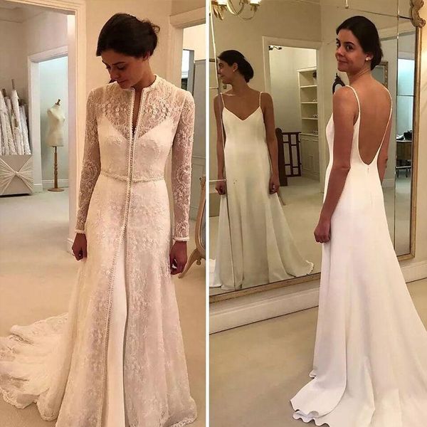 2019 vestido de novia liso sin espalda con tirantes finos y abrigo largo perlas de lujo encaje suave vestidos de novia dos en uno