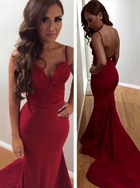 2019 Spaghetti V-cou Robe De Tapis Rouge Robes De Soirée En Dentelle Applique Sirène Robes De Bal Dos Nu Pas Cher Robe Formelle Robes Sur Mesure