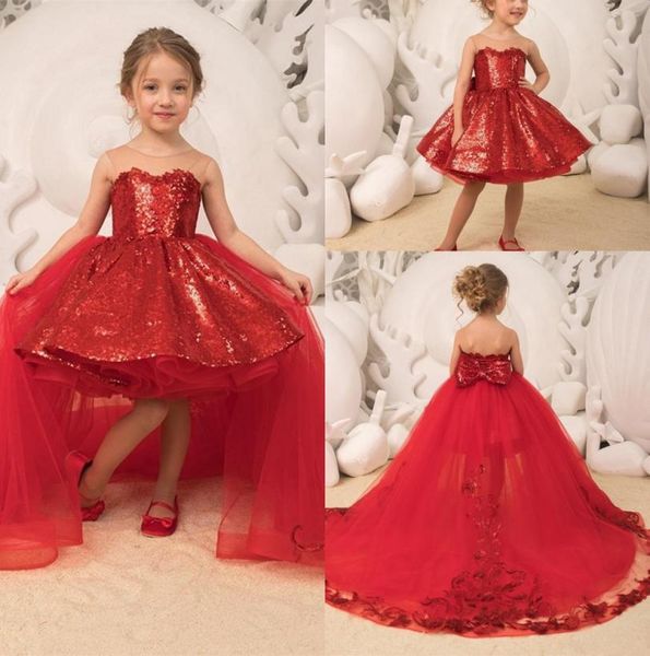 2019 Sparkle Paillettes Rouge Princesse Robe De Bal Filles Pageant Robes Tulle Appliques Arc Détachable Train Haut Bas Enfants Fête Naissanceda2137327