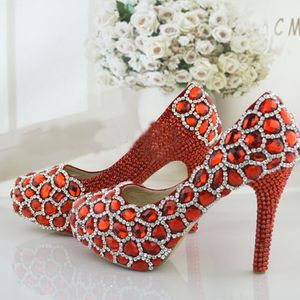 Sprankelende Rhinestone Red Wedding Shoes Performance Banket Hoge Hakken Crystal Party Prom Platforms Mom Schoenen Mode Vrouwen Pumps