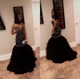 2019 Sparkly Crystal Beading Mermaid Dresses Prom Vestidos Sweetheart Tulle Black Gold Fiest Party Gowns African Black Girl24777720