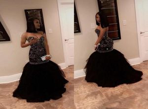 2019 Sparkly Crystal Beading Mermaid Prom Jurken Sweetheart Tulle Black Gold Feestjurken Afrikaans Black Girl404392