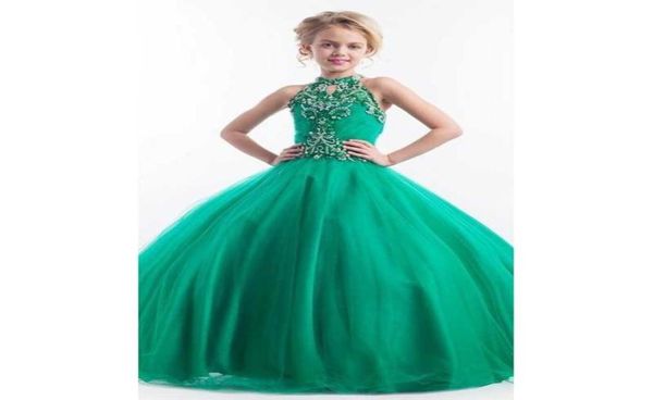 2019 Vestidos brillantes para niñas de color verde esmeralda, cuello alto, tul, cristales con cuentas de lujo, longitud hasta el suelo, vestidos para niñas de flores 7662914