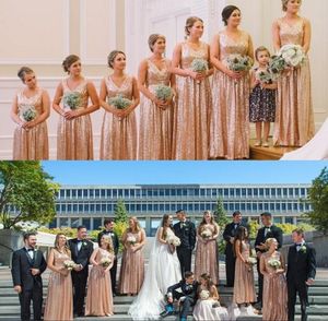 2019 sparkly rose gouden pailletten bruidsmeisje jurken v-hals mouwloze lovertjes bling voor bruiloft lang een lijn plus size meid van eer jurken