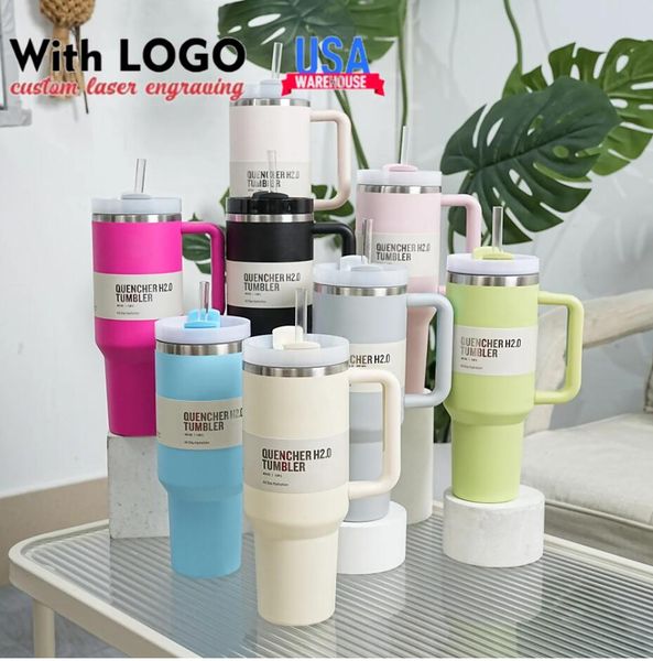 Stock de EE. UU. 1: 1 Logo Vaso Sandía Moonshine Tye Dye Flamenco rosado Quencher H2.0 40 oz Vasos Tazas Taza de café Taza para acampar al aire libre Tapas Tazas de café rosa GG1206